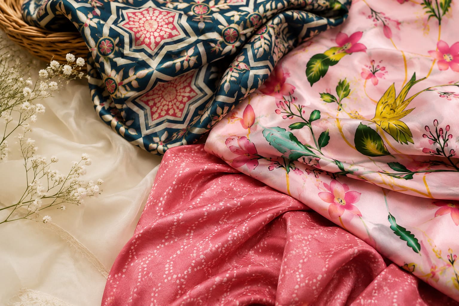 Collection of colorful vintage silk fabrics with floral and geometric patterns, showcasing the luxurious texture and beauty of delicate textiles.